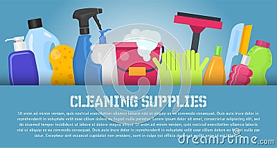 Cleaning supplies banner vector illustration. Home clean tools. Brush, bucket window wipes and chemicals tool. Broom Vector Illustration