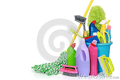 Cleaning supplies in bucket Stock Photo