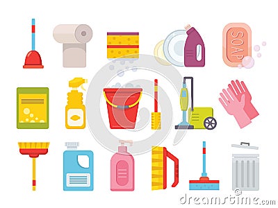 Cleaning supplies. Home clean tools. Brush, bucket window wipes and chemicals tool vector isolated set Vector Illustration