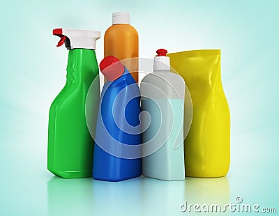 Cleaning supplies. Household chemical detergent bottles Stock Photo