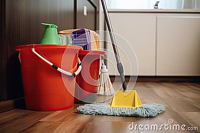 cleaning supplies, including mop and bucket for a clean and tidy house Stock Photo