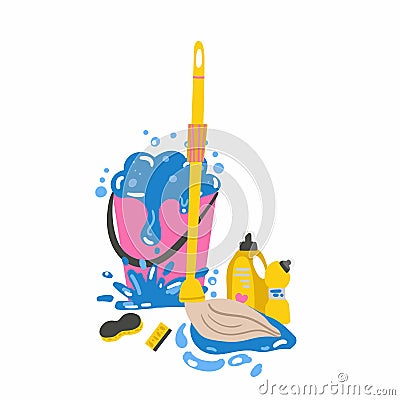 Cleaning supplies. Mop washes the floor, bucket with foam and water household chemicals. Poster, banner for house cleaning Vector Illustration