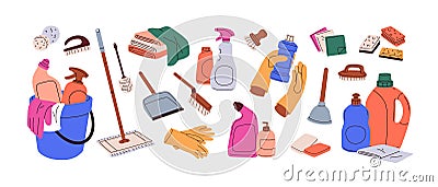 Cleaning supplies set. Home chemical detergent in bottles, household tools, equipment. Brush, mop and gloves, housework Cartoon Illustration