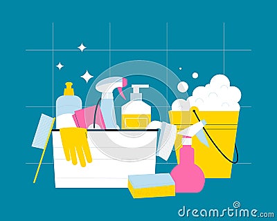 Cleaning supplies with sponge, brush, bucket and detergent bottles. Vector Illustration