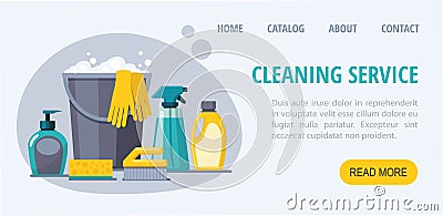 Cleaning service web banner. Spray, spong, brush, bucket. Vector Illustration