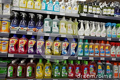 Cleaning Supplies, Sprays, Liquids Cleaning Detergents For Sale On Supermarket Stand. Bottles With Cleaning Products For Cleaning Editorial Stock Photo