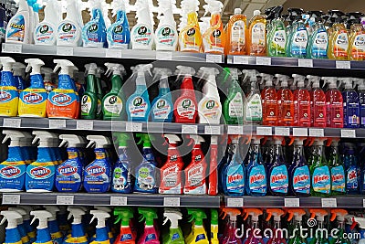 Cleaning Supplies, Sprays, Liquids Cleaning Detergents For Sale On Supermarket Stand. Bottles With Cleaning Products For Cleaning Editorial Stock Photo