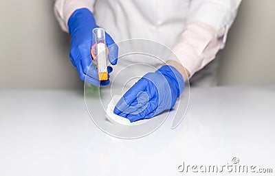 Cleaning table with disinfectant spray and Microfiber close up for covid preventing Stock Photo
