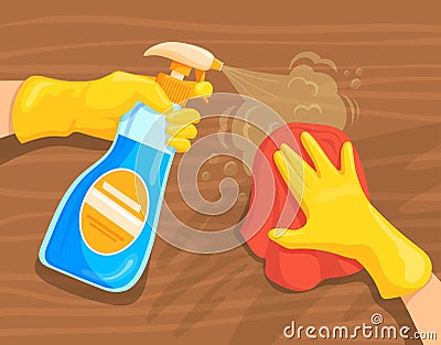 Cleaning table spray. Hand in rubber glove wipe clean surface office desk, sanitize home equipment, disinfect house Vector Illustration