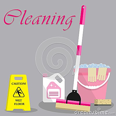 Cleaning time concept with cleaning products in pink color Vector Illustration