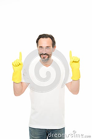 Cleaning tips. Bearded guy cleaning home. Bearded worker. On guard of cleanliness. Cleaning service and household duty Stock Photo