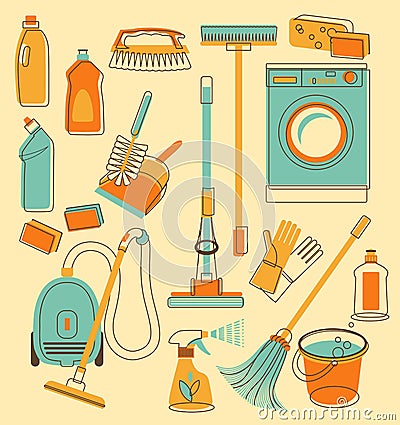 Cleaning tools in doodle style Vector Illustration