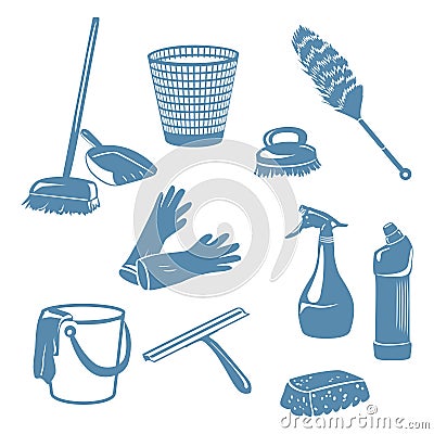 Cleaning tools in a home,contoured shape, silhouette Vector Illustration