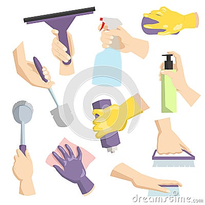 Cleaning tools in housewife hand perfect for housework packaging and domestic hygiene kitchenware cleaning service Vector Illustration
