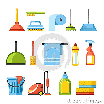Cleaning tools isolated icons brushes and detergents vacuum cleaner Vector Illustration