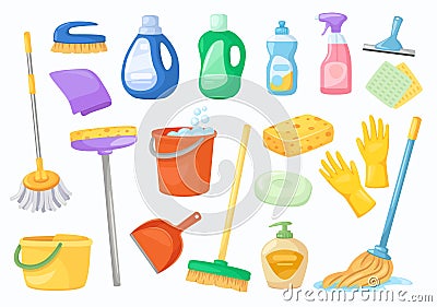 Cleaning tools. Napkin, bucket, broom, gloves, mop, detergent or disinfectant bottles. Household cleaning products and Vector Illustration