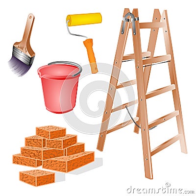 Cleaning tools wooden ladder, paint brush decorator, Paint roller paintroller repairman,bucket ,bricks watercolor on a white Vector Illustration