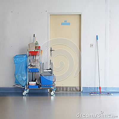 A cleaning trolley on the hospital hall Stock Photo