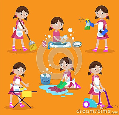 Cleaning vector illustration. House cleaning. Girl is busy at home: wash dishes, wash the floor, iron, vacuum, sweep, wash window Vector Illustration