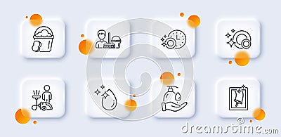 Cleaning, Water drop and Dishwasher timer line icons pack. For web app. 3d glass buttons. Vector Stock Photo