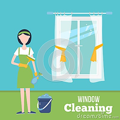 Cleaning window concept illustration with young woman in gloves at home. Housekeeping service with housework supplies Vector Illustration