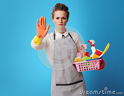 Cleaning woman with a basket with cleansers and brushes showing Stock Photo