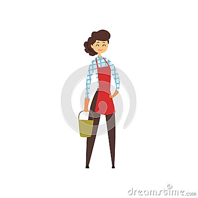 Cleaning woman holding green bucket. Young girl with smiling face expression. Cartoon housemaid in apron, pants, blouse Vector Illustration