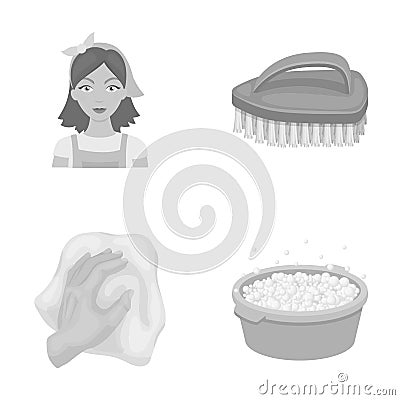 A cleaning woman, a housewife in an apron, a green brush, a hand with a rag, a blue wash hand basin with foam. Cleaning Vector Illustration