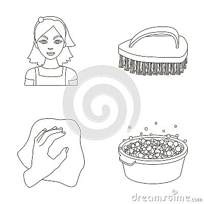 A cleaning woman, a housewife in an apron, a green brush, a hand with a rag, a blue wash hand basin with foam. Cleaning Vector Illustration