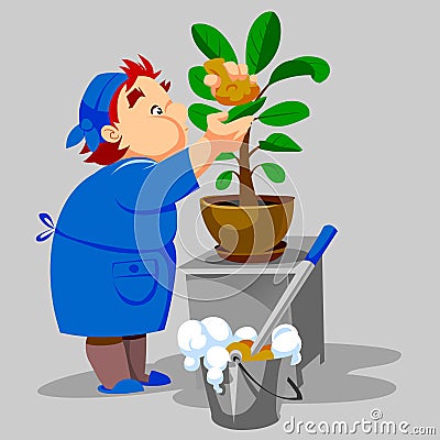 Cleaning woman washes houseplant Cartoon Illustration