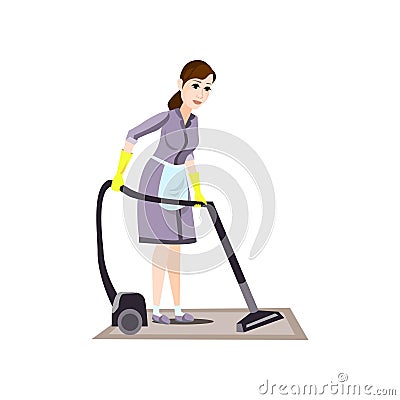 Cleaning woman in yellow gloves use modern vacuum cleaner Vector Illustration