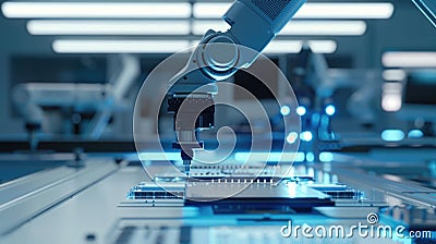 Cleanroom environment featuring high precision robotic arm assembling microchips. Advanced High Precision Robot Arms Stock Photo