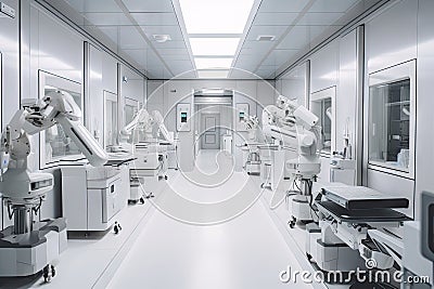 cleanroom with multiple micro-robotic devices performing precise medical procedures Stock Photo