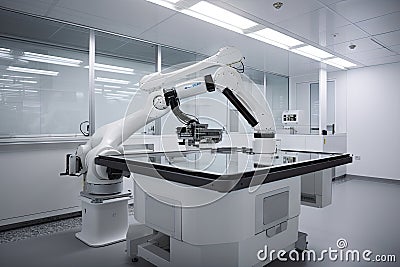 cleanroom robot, with its arms extended and handling delicate instruments Stock Photo