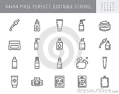 Cleanser cosmetic line icons. Vector illustration include icon - cream, collagen, mask, makeup lotion, serum, sunscreen Vector Illustration