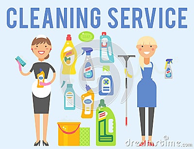 Cleanser woman chemical housework product care wash equipment cleaning liquid flat vector illustration. Vector Illustration
