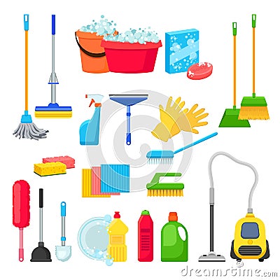 Cleansers and detergent in bottles, house cleaning tools and supplies for housework. Vector isolated design elements Vector Illustration