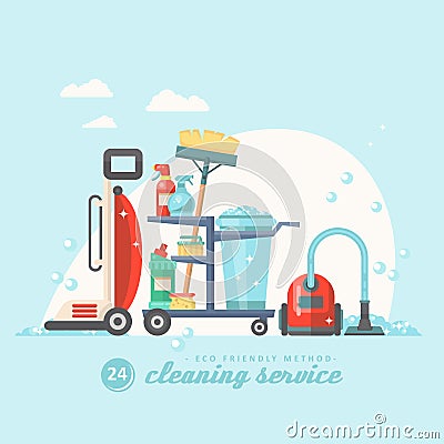 Cleanup colorful card Cleaning service 24 hours vector illustration in modern flat design. Vector Illustration