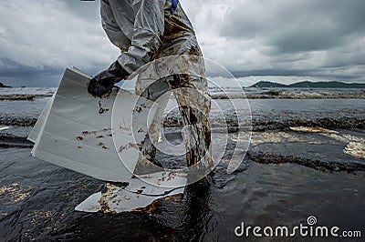 Cleanup crews fill bags with oiled sand and debris after a pipeline spilling oil into an Stock Photo