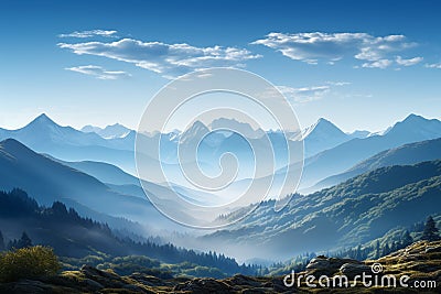 Clear blue sky frames a serene morning view of mountains Stock Photo