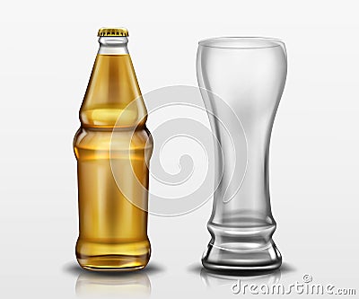 Clear bottle with beer and empty tall glass Vector Illustration