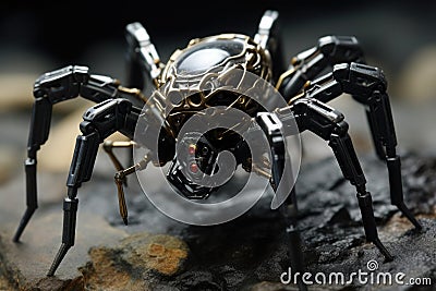 A clear close-up image of a spider seen in great detail as it perches on top of a rock, Genetically modified robotic black spider Stock Photo