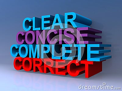 Clear concise complete correct on blue Stock Photo