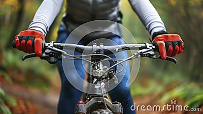 The Clear Detail of Protective Red-Gloved Hands Firmly Embracing a Handlebar Stock Photo