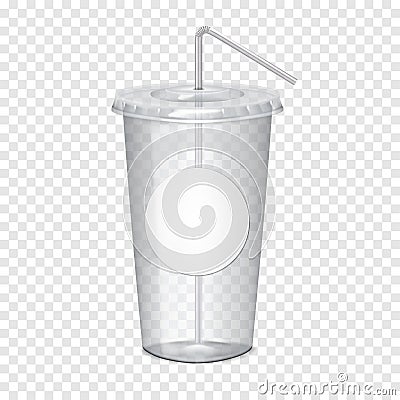 Clear plastic cup with flat lid, bendy drinking straw and white blank round label sticker on transparent background mock-up Vector Illustration