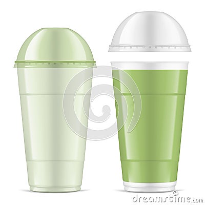 Clear empty tall cup with dome lid, realistic mock-up. Transparent plastic tumbler for takeaway drinks, vector illustration Vector Illustration