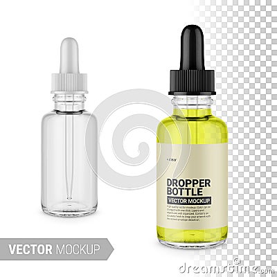 Clear glass dropper bottle mockup. Vector illustration Cartoon Illustration