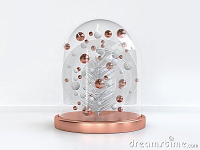 Clear glass jar many white copper sphere leaf christmas tree 3d render Stock Photo