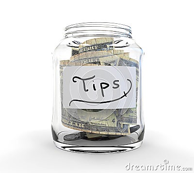Clear Glass Jar for Tips with Coins and Bills Stock Photo