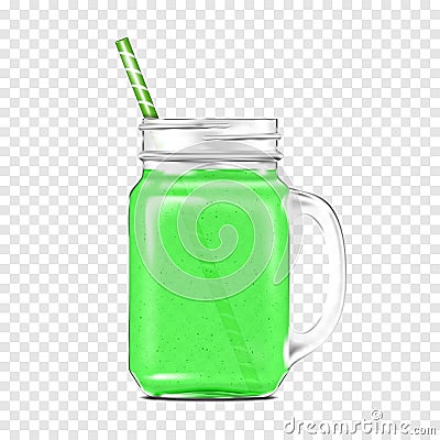 Clear glass mason jar with handle and drinking straw on transparent background. Drinking mug filled with green smoothie. Realistic Vector Illustration
